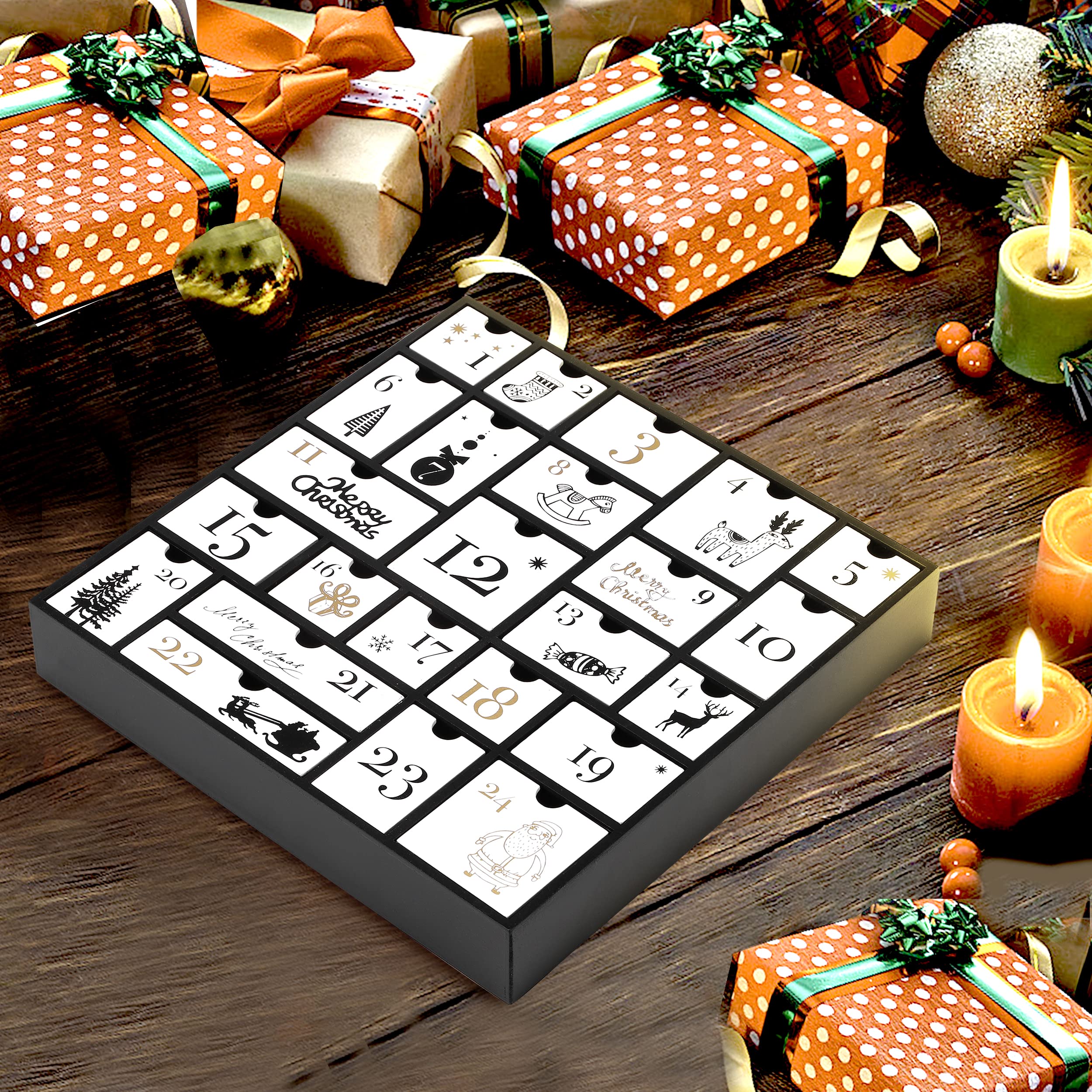 SUNGIFT Wooden Advent Calendar, Christmas Countdown Calendar Boxes with 24 Drawers and Numbers to Fill 2025, DIY Reusable Advent